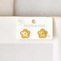 Elegant gold stainless steel flower stud earrings displayed on a white product card - Stud Earrings