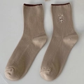 Japanese style brown cotton crew socks with vertical stripes and rabbit embroidery - One Size / Beige