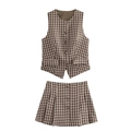 Bruine geruite tweedelige set met mouwloos vest met knopen en geplooide minirok - S / Bruin Geruit