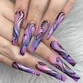 Long trapezoidal press-on nails with purple gradient, black lace patterns and glitter - LF613 Purple Vine