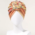 Bohemian floral pattern turban headwrap with large fabric flower detail in vibrant colors - Yellow