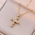 Gold stainless steel necklace with multi-module cross pendant and clear cubic zirconia - Zircon Necklace (Pendant Included) / White