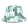 Detail eines tropischen Monstera-Blattdrucks auf weißem Sonnenhut mit verstärkten Nähten - M (56-58cm) / Weiß Tropisches Blattmuster