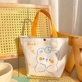 Cute beige canvas shopping tote bag with yellow handles and blue cartoon bear print - Strawberry Bear Pattern (Small)