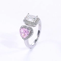 Anillo ajustable de plata 925 con moissanita rosa de corazón y blanca de talla esmeralda - Talla 9-11 / Rosa + Blanco