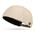 Beige cotton brimless docker hat with maple leaf metal badge and adjustable strap - Adjustable / Beige