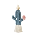 Handmade woven cactus keychain with blue cotton cord, pink flower and white tassels - Azure Blue
