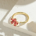 Elegant 14K gold plated open ring with red flower zircon and sparkling stone - Open Ring / Red Flower