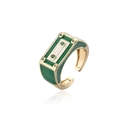 Detail of retro cassette tape ring with green enamel and sparkling zircon stones - Adjustable Open / Green (11955)