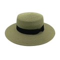 Detail of olive green flat top straw hat with wide brim and black ribbon bow accent - M (56-58cm) / Army Green