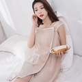 Light pink coral fleece wearable bath towel with lace trim and bow-knot pocket detail - One Size / Khaki