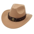 Detail of camel felt cowboy hat featuring faux leather band and golden horseshoe emblem - Camel