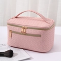 Tragbare Kosmetiktasche mit rosa Webstruktur, Doppelreißverschluss und großem Griff - Kirschblütenrosa