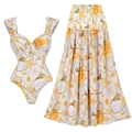 Women's V-neck swimsuit and matching maxi skirt set with orange starfish ocean print - S / Molded Cup One-Piece + Long Skirt Set