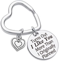 Silver stainless steel heart keychain with engraved round pendant in polished finish - Style D (Turns Out I Like You More Than Planned)