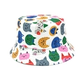 Close-up of white bucket hat with colorful cartoon cat prints and soft cotton texture - Head Circumference 52-54cm / White