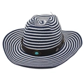 Détail d'un chapeau de paille à larges bords rayé bleu avec ruban cuir et turquoise - Taille Unique + Corde Coupe-vent / Marine Blanc (Losange Bleu Turquoise)