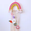 Close-up of rainbow woven hair clip holder with carrot and avocado knit charms - Pink Yellow Gold Rainbow Style (A7)