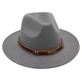 Close-up of grey felt jazz hat with dark brown woven band and gold feather metal ornament - Light Grey (Gold Feather)
