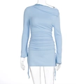 Detail of light blue ruched knit dress with asymmetric shoulder and adjustable drawstring - S / Blue