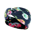 Elastic yoga headband with dark blue floral paisley pattern and twisted knot detail - Dark Blue Background Pink Yellow Floral (38)