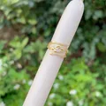Adjustable 18K gold plated leaf ring featuring three layers of micro-set zircon accents - Triple Layer Wrapped Leaf