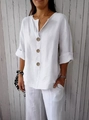 Completo casual da donna in cotone e lino bianco con scollo a V e bottoni in legno - Chiusura Bianca A 3 Pulsanti #8055 / 3XL