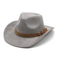 Close-up of grey felt cowboy hat with brown leather band and tassel detail on white background - M(56-59CM) / Gray (Suede)