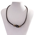 Minimalist dark brown knotted leather necklace with textured silver and bronze rings - PU Leather + Alloy / Gun Black 06058 Necklace / 45+7cm