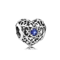 Silver hollow filigree heart pendant featuring a central round blue gemstone accent - Hollow Filigree Blue Gem Heart Bead (#37)