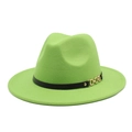Detail of neon green wide brim fedora with black ribbon and gold chain buckle - M (56-58cm) / Fruit Green