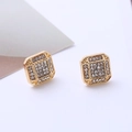 Macro shot of square gold alloy studs with sparkling pave-set crystal rhinestones - D34 Gold Minimal Square