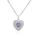 Macro shot of silver heart necklace with purple zirconia center and pave stone detail - White Gold Heart Purple Zirconia