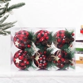 Set of 6 red and black plaid Christmas balls with pine cones and stars in a clear box - 8cm Style 14 (Snowflake Wood Star Plaid Boxed)