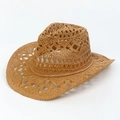 Western style hollow woven straw cowboy hat in tan with a wide curved brim - Hollow Weave Cowboy Hat - Khaki