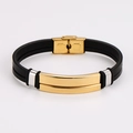 Close-up of black double-row leather cord with polished gold and silver steel clasp - Gold