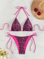 Two-piece bikini set with pink and black leopard print and side-tie bottoms - Pink Leopard