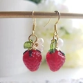 Handmade strawberry drop earrings with red resin charms and gold hooks for women - Transparent Red Strawberry Style (FN1012)