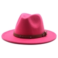Detail of rose red fedora hat featuring brown leather belt strap and metallic rivets - Rose Red