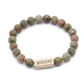 Natural stone beaded bracelet with gold WISDOM charm, red and green jasper texture - Unakite-Wisdom