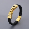 Herren Armband aus schwarzem Ledergeflecht mit poliertem goldfarbenem Magnetverschluss - Stil A Industrielle Bolzendekoration (KB166260) / Gold / 19cm