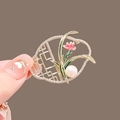 Elegant gold alloy brooch with pink flower, green leaf, and white pearl detail - 321# Window Pane