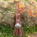 Miniature handmade witch broom car hanging charm with a silver shell pendant on wood - Branch Broom + Shell