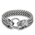 Silbernes Schlangenkopf-Armband mit Weizenkette und rundem Ringverschluss für Herren - Doppelter Schlangenkopf-Stil (KB139889-KJX)