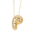 Puffy golden P-letter pendant necklace with multicolored cubic zirconia on box chain - Style P