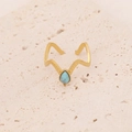 Detail of wave-textured gold open ring featuring a teardrop turquoise stone on stone background - Wave Pattern Turquoise Style (R099-7)