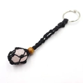 Handmade woven keychain featuring natural rose quartz stone in a black net cord wrap - Rose Quartz + Black Mesh Keychain