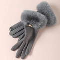 Dark grey winter knit gloves with plush faux fur trim and touch screen fingertips - Gold Label Rabbit Fur / Gray