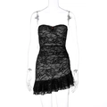Sexy black lace bandeau mini dress with ruffled hem and a small red bow accent - M / Black
