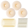 Beige hair bun maker set with sponge donuts, hair net, and golden U-shaped hairpins - 24-Piece Set (5cm) / Beige